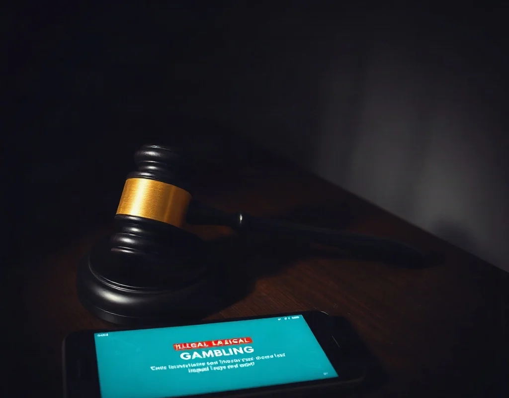 N999 illegal in Pakistan gavel next to smartphone with banned gambling app