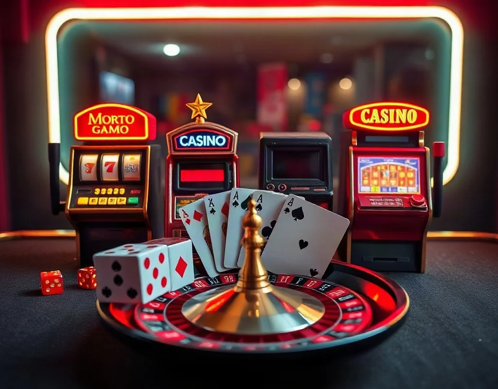 Slots, cards, aur dice ke saath casino games ki visual representation