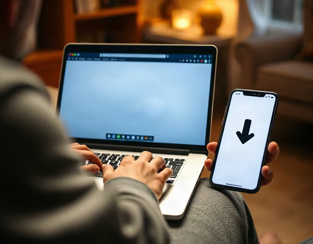 Laptop aur mobile par app download karte hue user ki tasveer