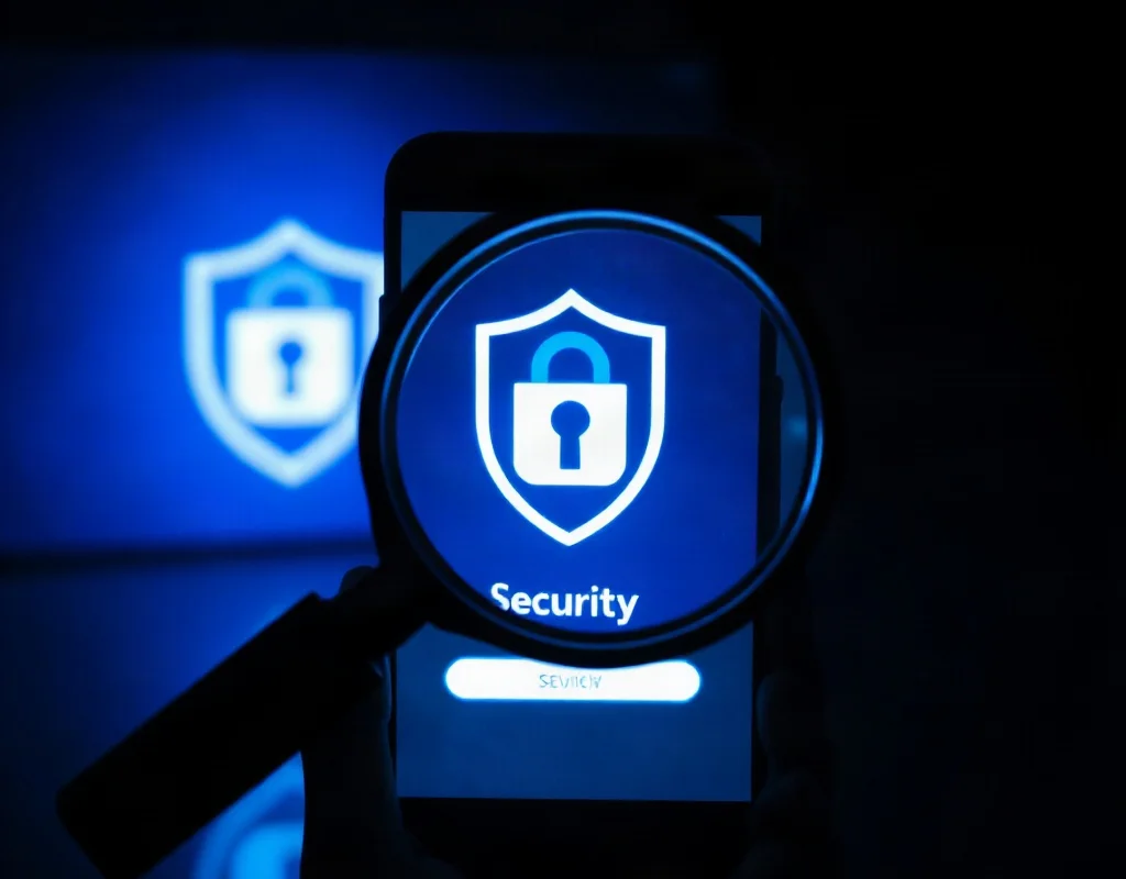 Mobile app ki security check karte hue magnifying glass aur shield