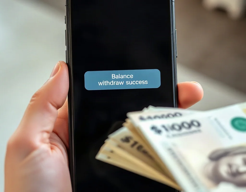 Close-up of hands holding a phone with blurred balance notification and Pakistani cash notes