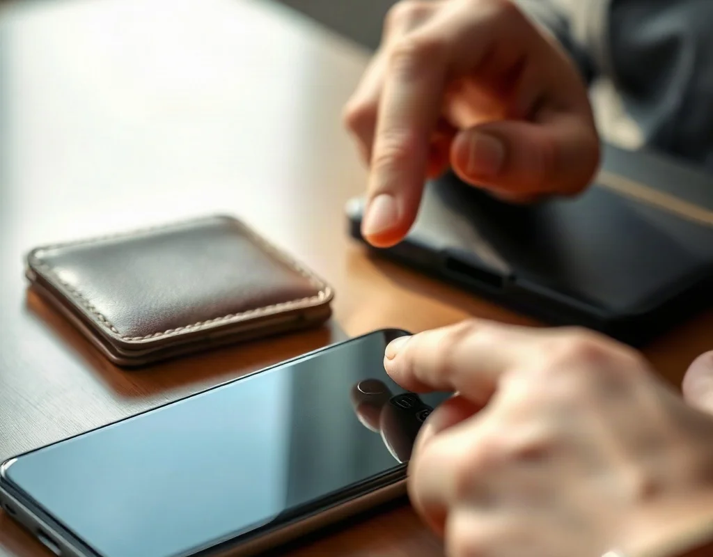 Person choosing a game on N999 Games app alongside their wallet, showing a financial decision