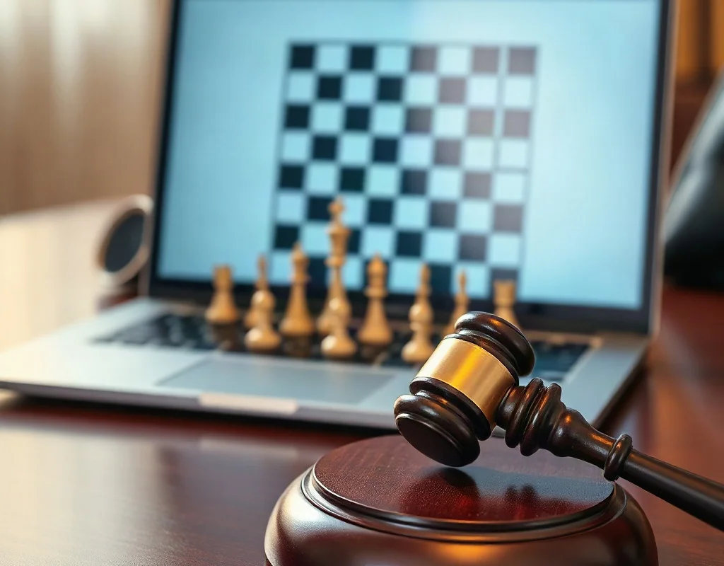 Gavel and laptop with chess game symbolizing gaming legality