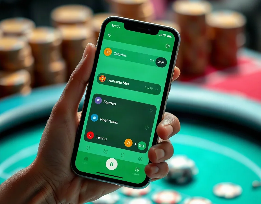 Hand with smartphone and blurred casino chips in background