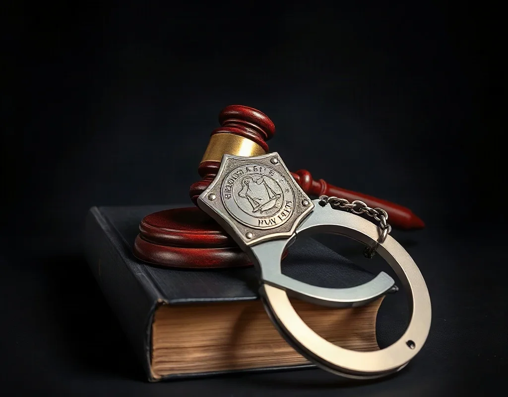 Legal book with gavel and handcuffs symbolizing penalties