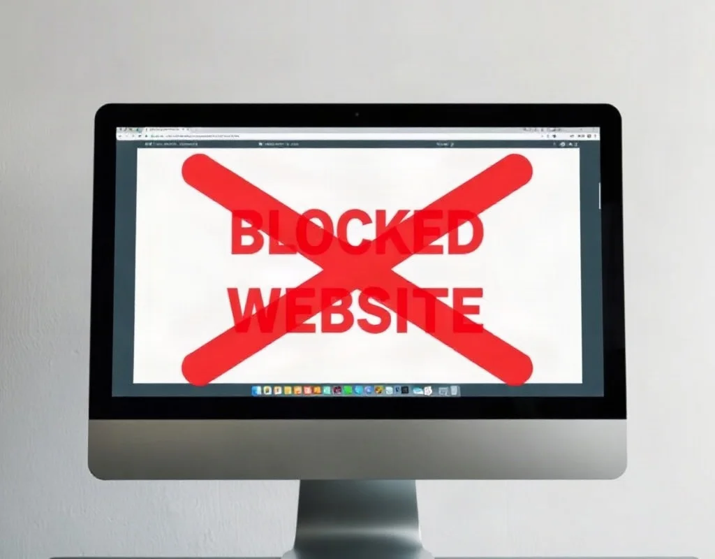 Computer screen with red block overlay signifying blocked gambling websites