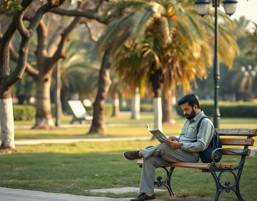 Responsible gaming in Pakistan: a peaceful park scene with a person reading a newspaper