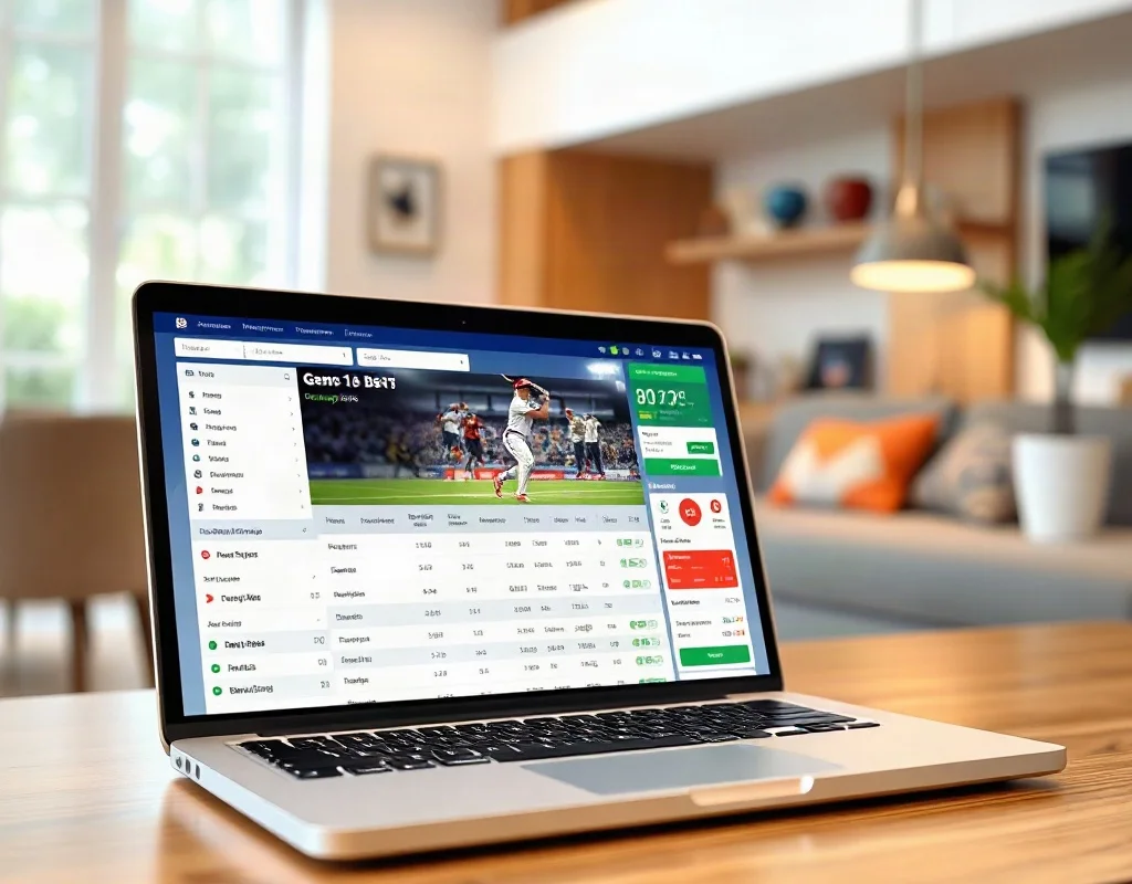 Laptop with generic sports betting interface and cricket game